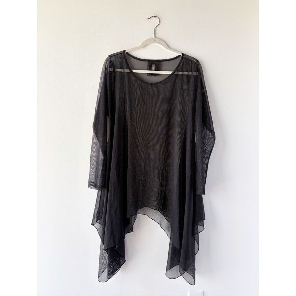 Sympli Grand Mesh Black Sheer Handkerchief Hem Long Sleeve Tunic Top Lagenlook